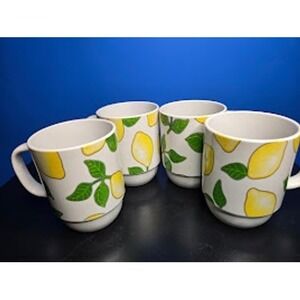 Boston Warehouse Lemon Mugs Set of 4 White Yellow Excellent Stackable Ceramic